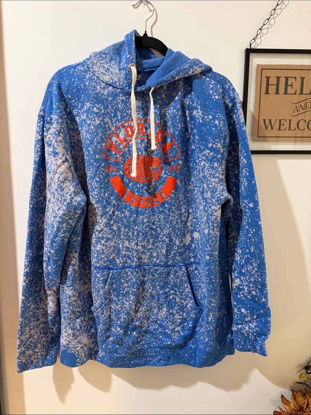 Blue Speckled Crewneck Hoodie with Orange Chest Emblem